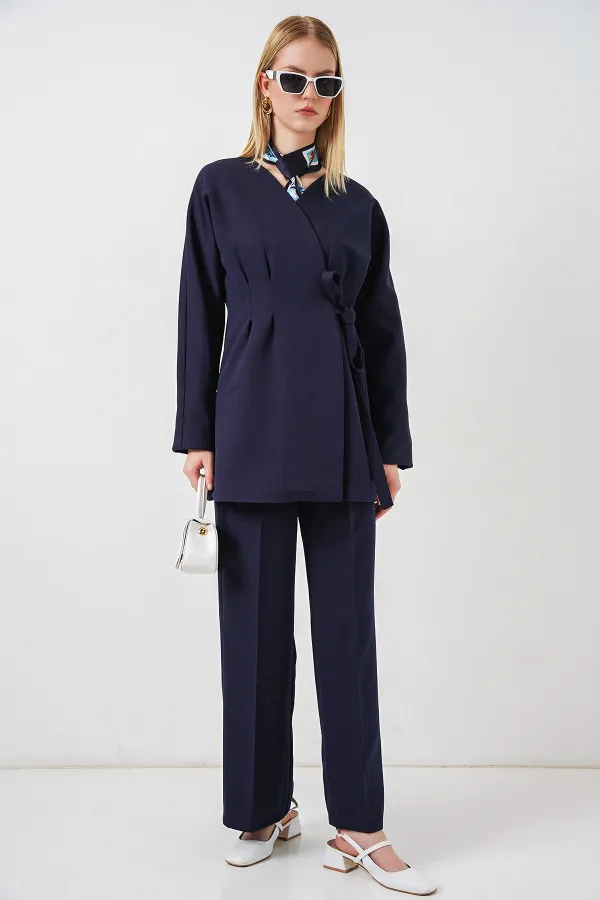 Kadın Yandan Bağlamalı Ceket Pantolon İkili Takım 30099 - Lacivert