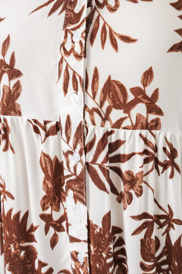 Women's Patterned Long Hijab Dress 2585 - Tan