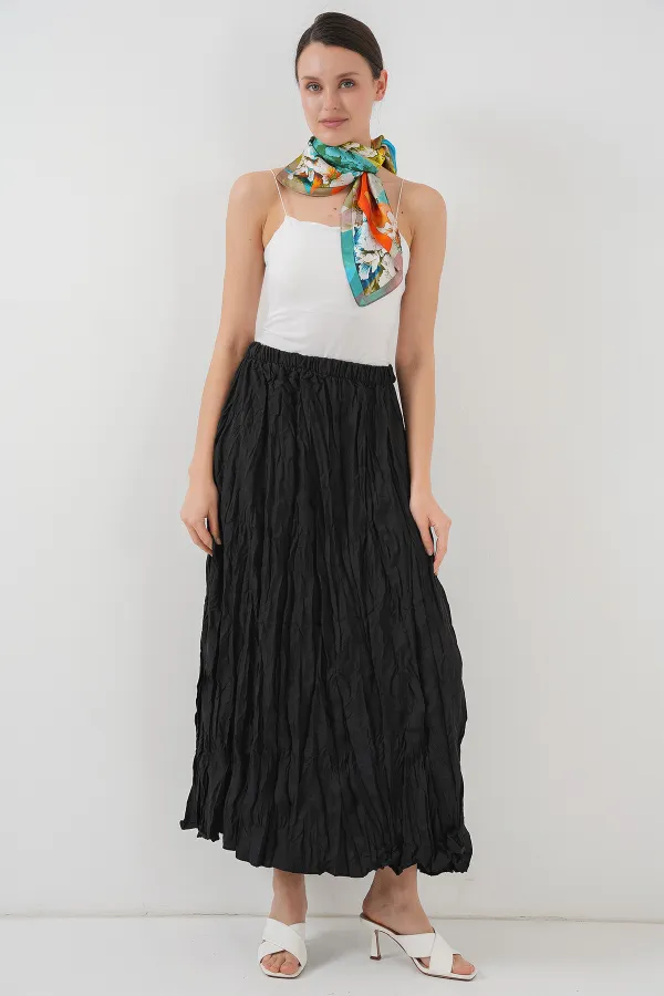 Women's Long Crinkle Skirt 8042 - Black