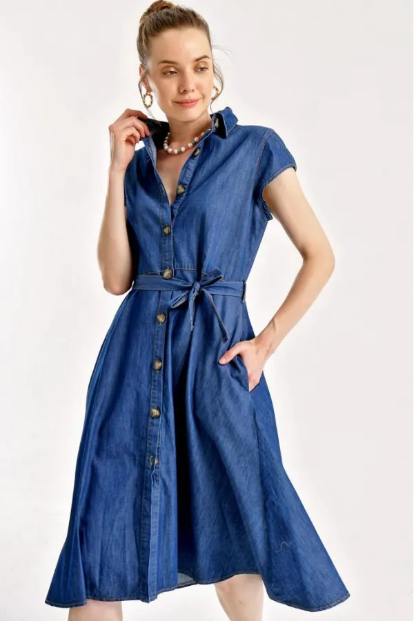 1677 Buttoned Belted Denim Dress - Navy Blue