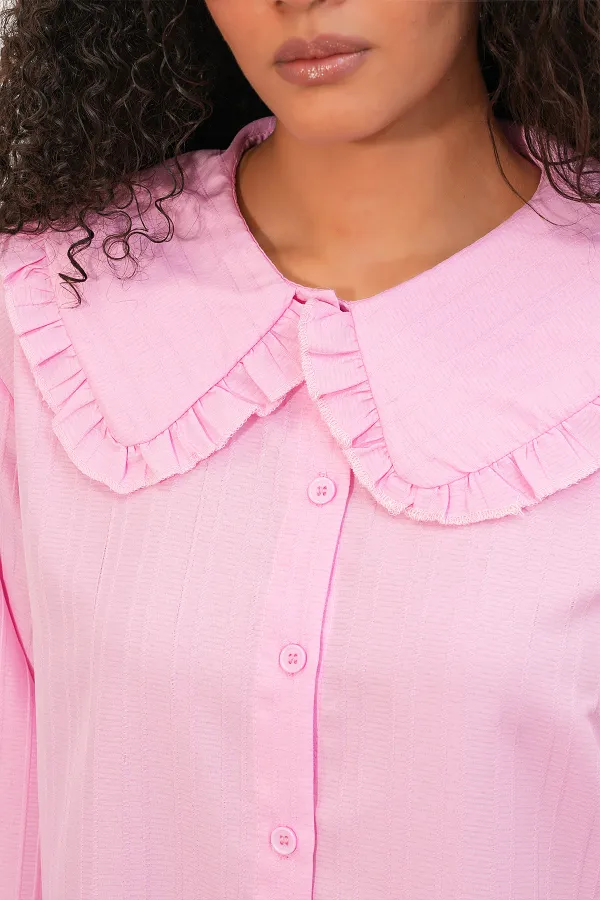 Women's Wide Collar Ruffle Detail Striped Tunic Shirt 5993 - Pink