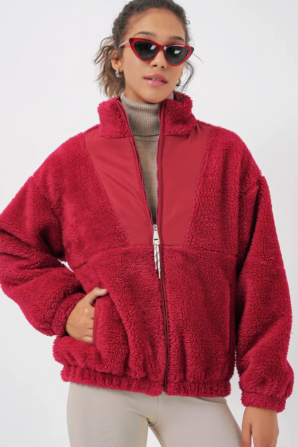 5194 Women's Plush Coat Jacket - Light Claret Red
