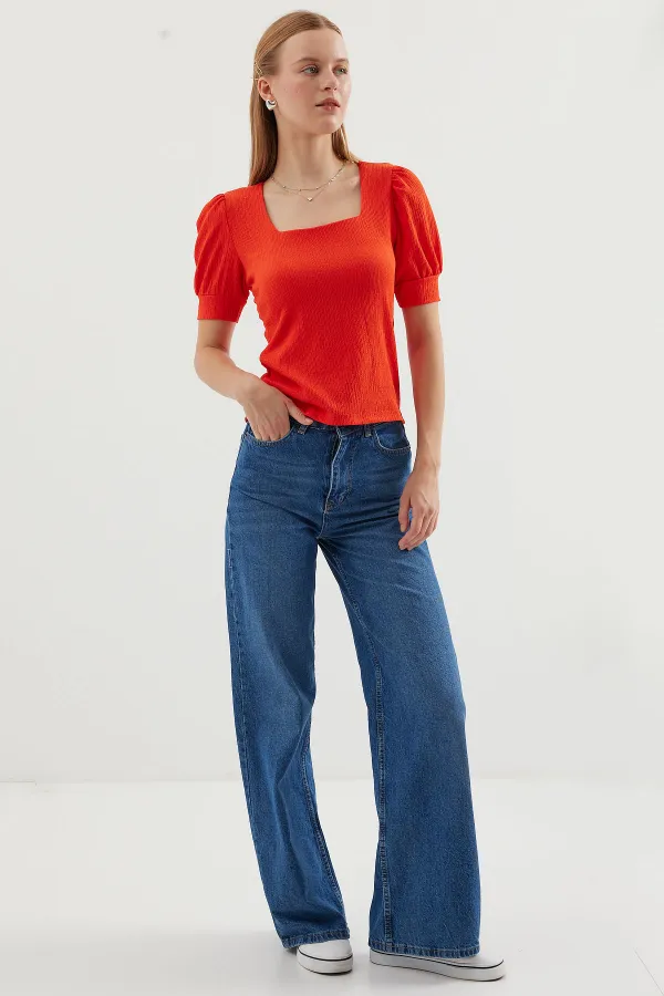 0409 Square Neck Knitted Blouse - Oranje