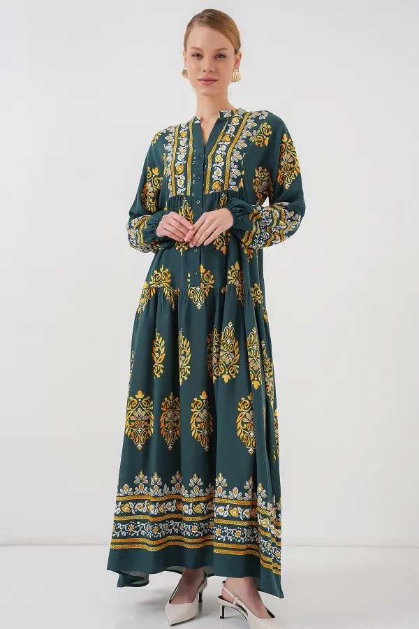 2423 Otantik Desenli Tesettür Elbise - Yeşil 7