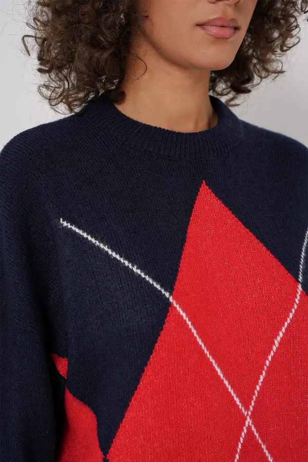 Pull oversize en maille à motif baklava 15895 - Bleu marine