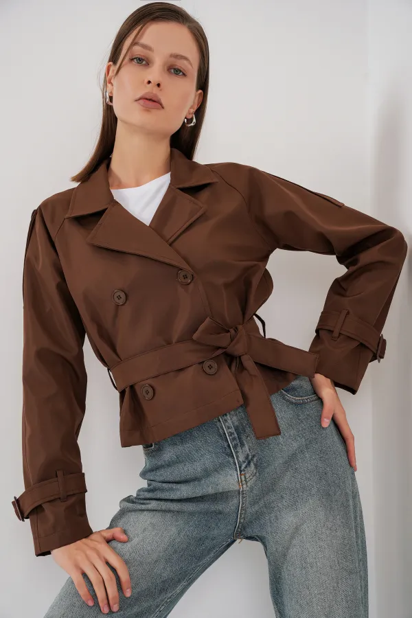 Women's Belted Short Trench Coat 5970 - Brown Women's Belted Short Trench Coat 5970 - Brown