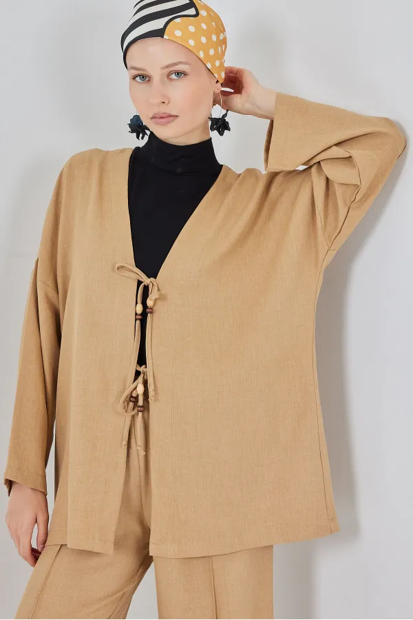 Kimono deux pièces en lin pour femme, modèle 6727 - Biscuit