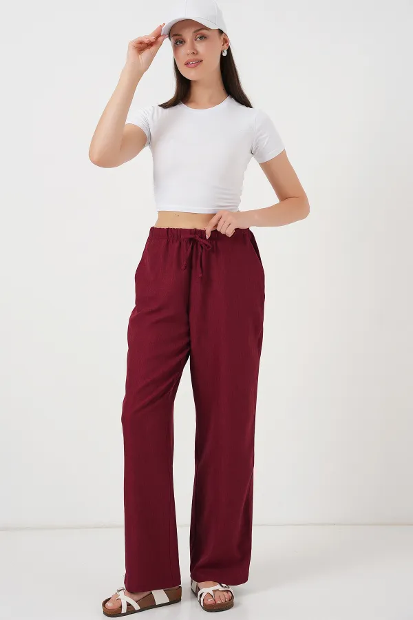 Women's Wide Leg Linen Trousers 6735 - Burgundy