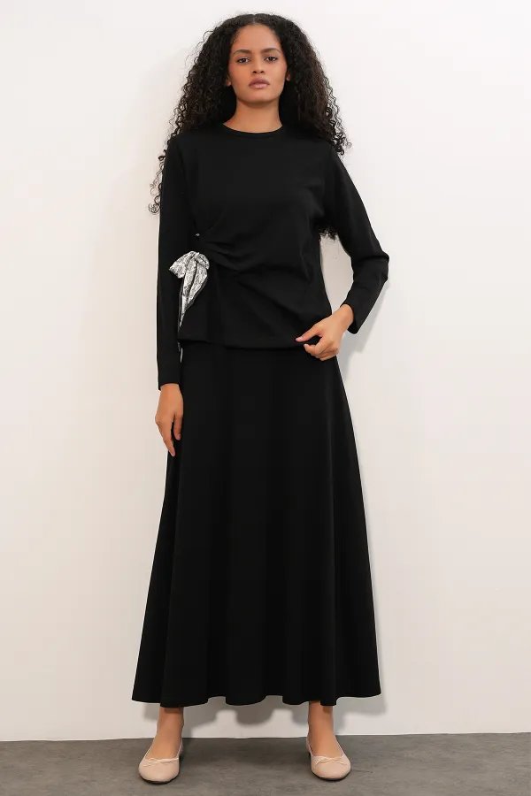 Women's Scarf Blouse and Skirt Two-Piece Set 8077 - Black Women's Scarf Blouse and Skirt Two-Piece Set 8077 - Black