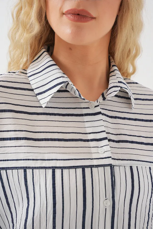 Chemise rayée à manches courtes pour femme 20344 - Bleu marine clair
