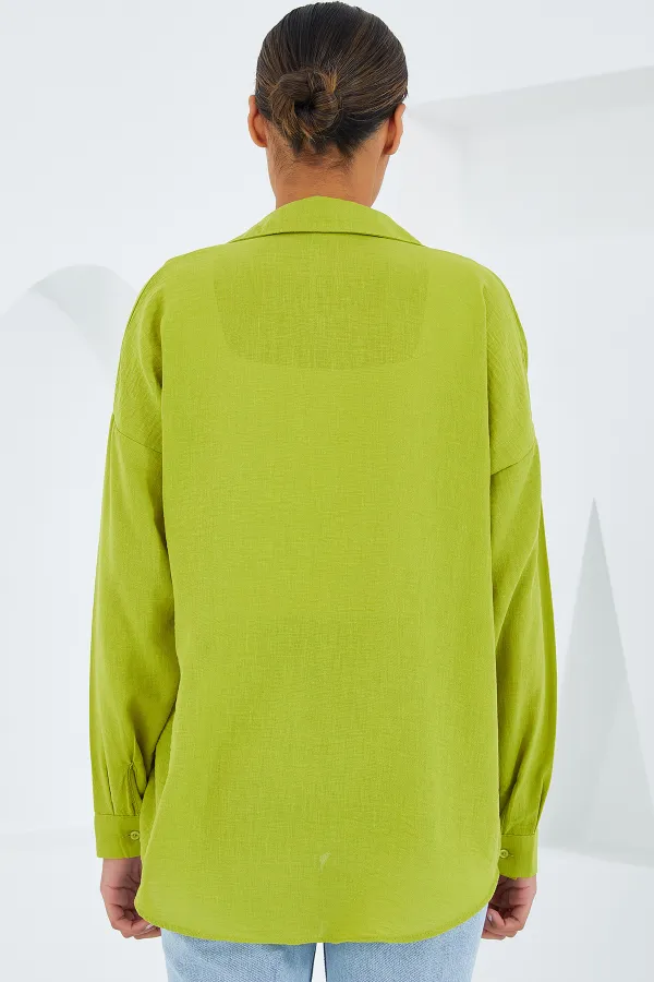 Chemise oversize en lin à poche unique 20153 - Vert pétrole