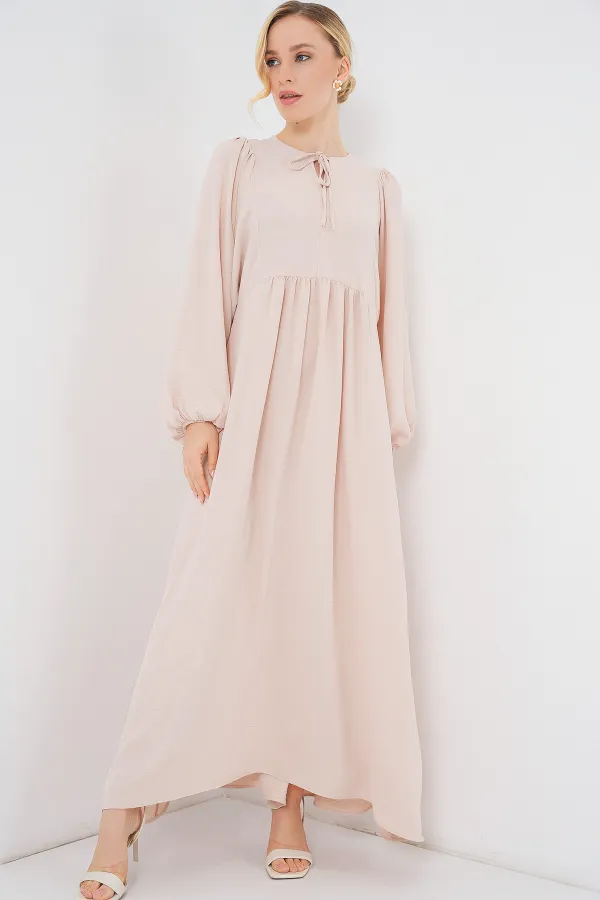 Kadın Balon Kol Uzun Tesettür Elbise 2464 - Krem