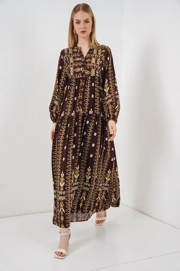 Kadın Desenli Uzun Tesettür Elbise 2585 - Düz Kahverengi