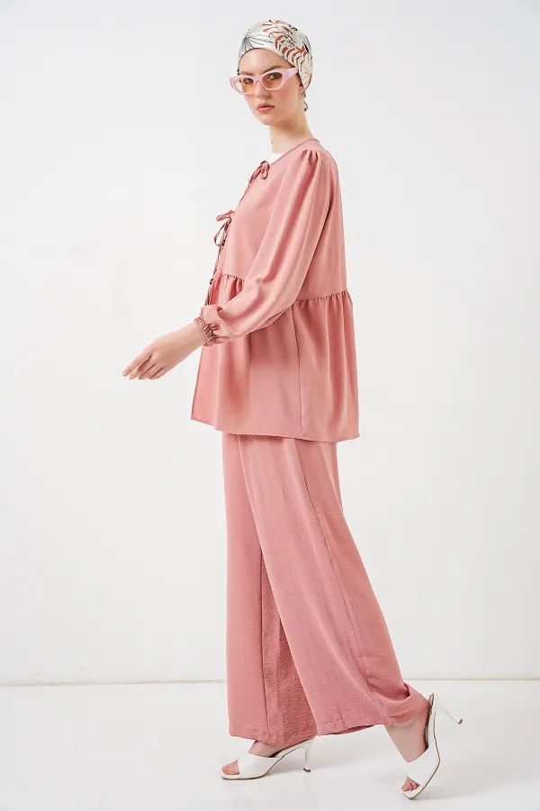 Kadın Önü Bağcıklı Tunik Pantolon İkili Takım 6744 - Pudra