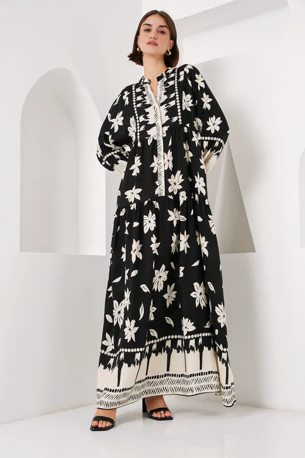 Robe hijab à motifs authentiques 2423 - Noir2