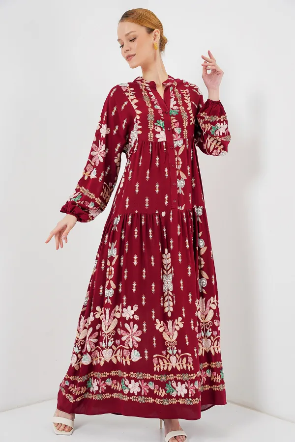 Robe hijab à motifs authentiques 2423 - H. Bordeaux