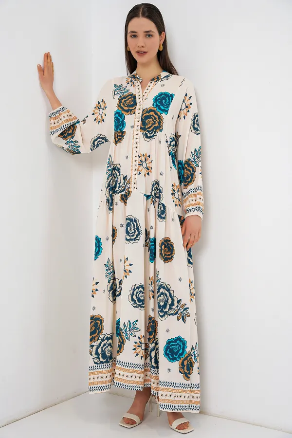 Kadın Desenli Uzun Tesettür Elbise 2585 - A.SAKS