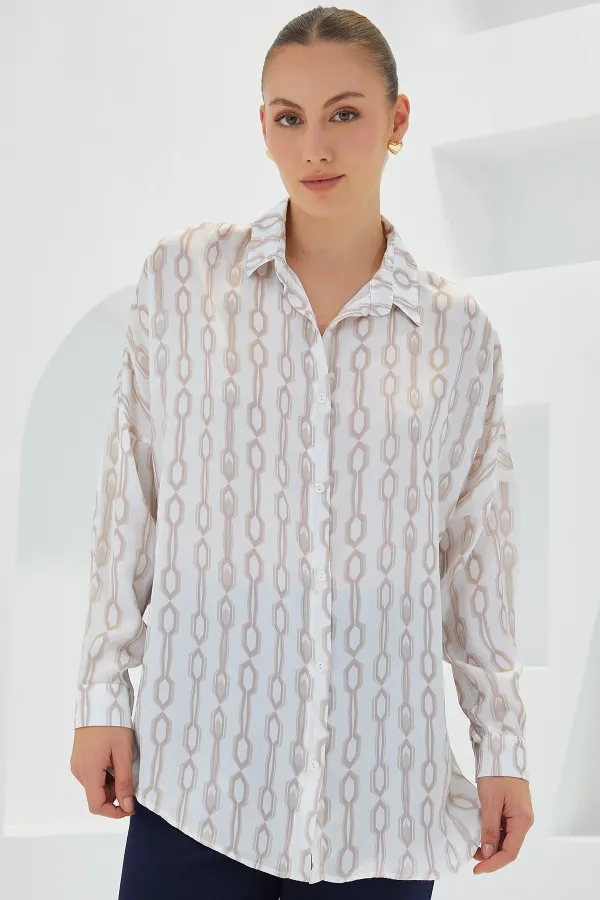 Women's Beige White Patterned Oversize Satin Shirt 3985