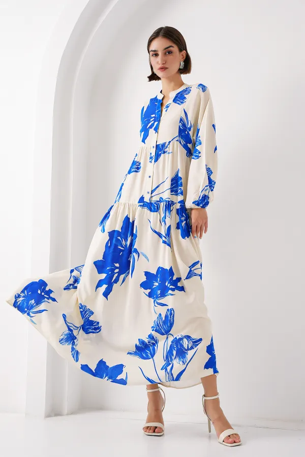 2423 Authentic Patterned Hijab Dress - A.Ecru