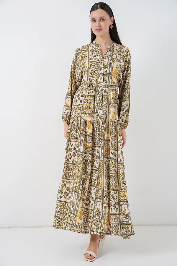 Kadın Desenli Uzun Tesettür Elbise 2585 - A.Hardal