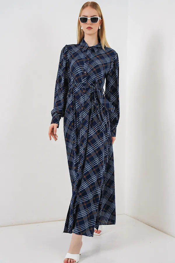 Kadın Boydan Düğmeli Uzun Tesettür Elbise 2588 - Lacivert