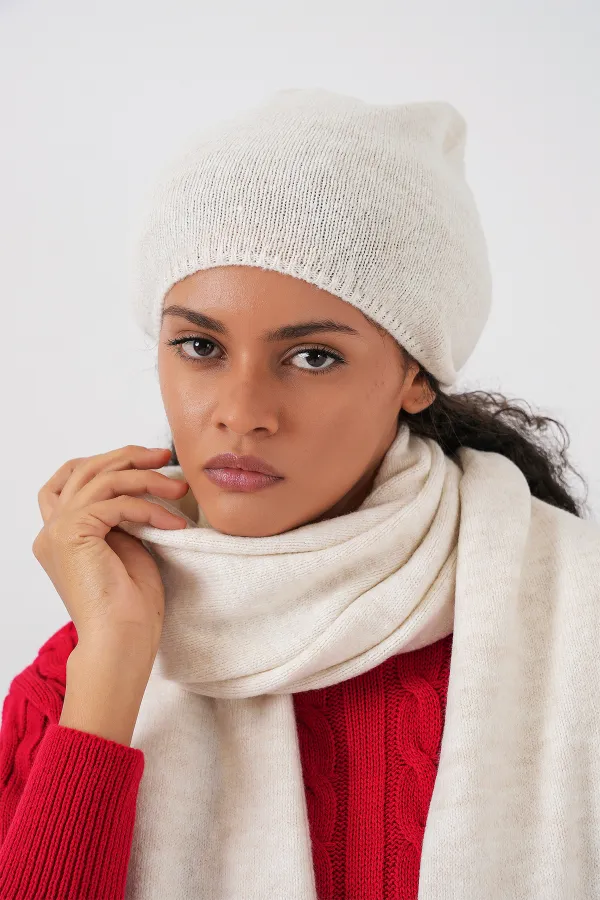 Écharpe et bonnet tricotés pour femme 15939 - Écru