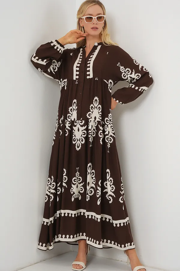 Robe hijab à motifs authentiques 2423 - Marron foncé