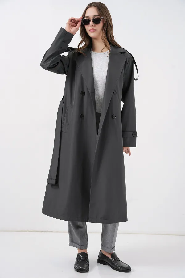 5941 Double-Breasted Long Trench Coat - Anthracite 5941 Double-Breasted Long Trench Coat - Anthracite