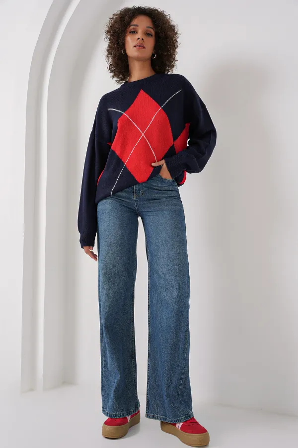 Pull oversize en maille à motif baklava 15895 - Bleu marine