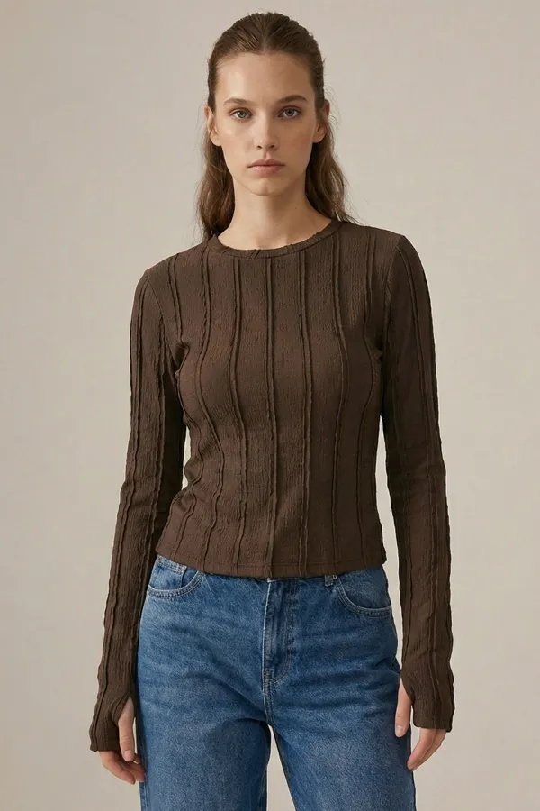 Women's Textured Knit Blouse 980 - Brown Women's Textured Knit Blouse 980 - Brown