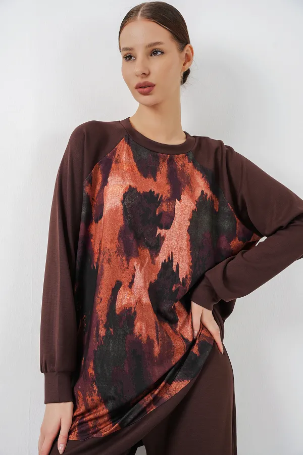 Kadın Desenli Oversize Tunik Pantolon İkili Takım 55462 - Kahverengi