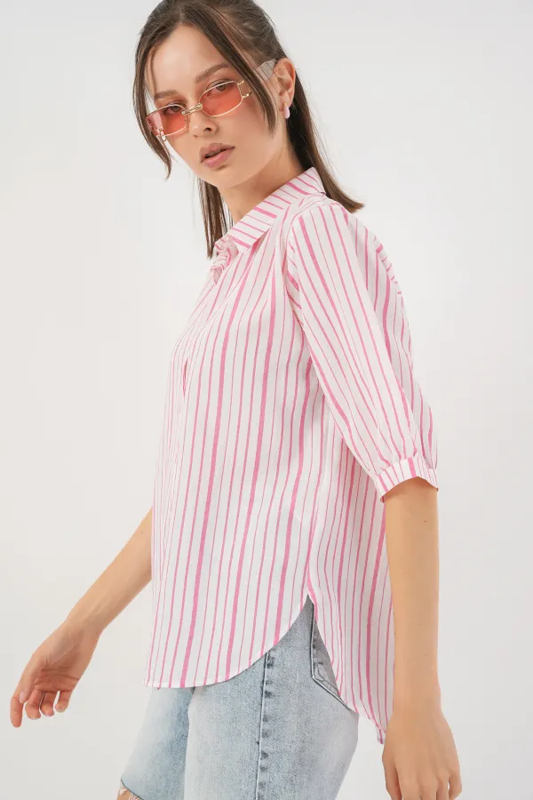 Kadın Çizgili Kısa Kol Gömlek 20345 - Pudra