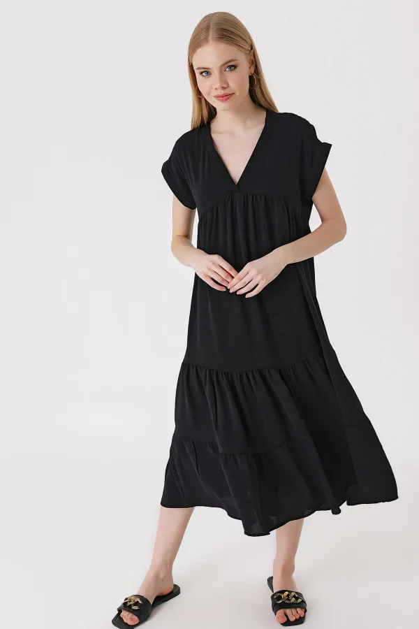 2398 V-Neck Ruffled Dress - Black