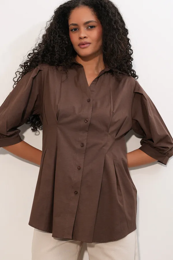 Women's Long Waist Fitted Shirt 20383 - Brown Women's Long Waist Fitted Shirt 20383 - Brown
