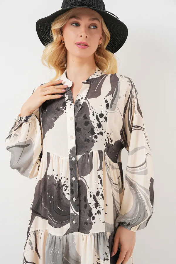 Kadın Desenli Uzun Tesettür Elbise 2585 - Siyah