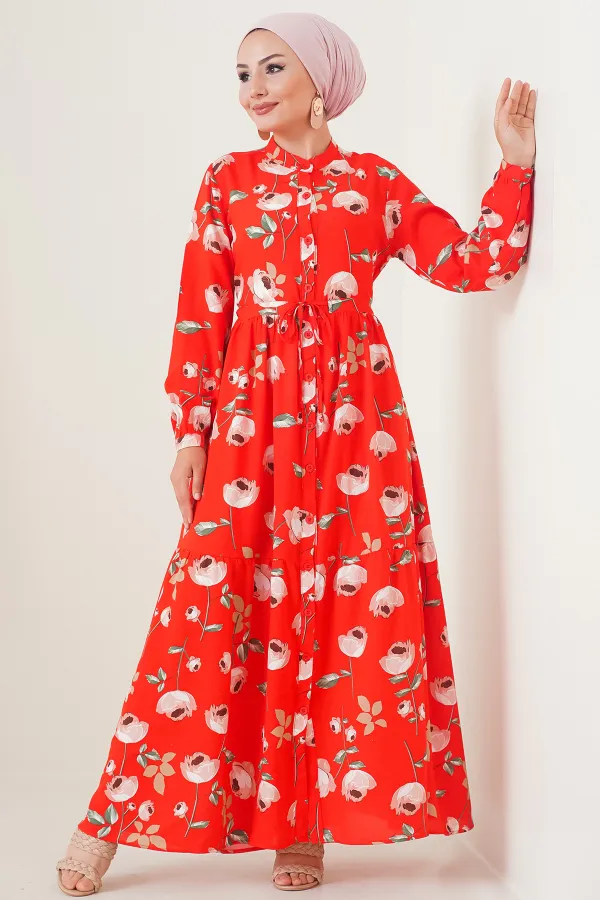 2144 Hakim Yaka Tesettür Elbise - C.Kırmızı