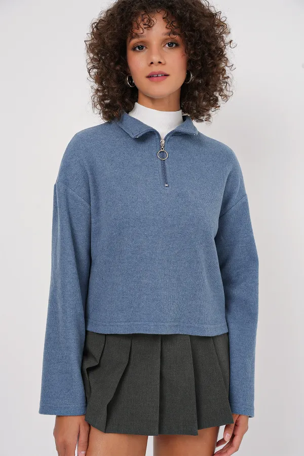 55449 Zippered Collar Knitted Sweatshirt - Indigo