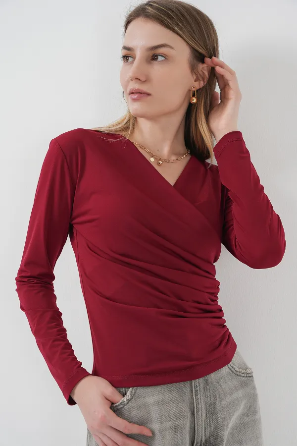 939 Wrap Neck Sandy Blouse - Claret Red