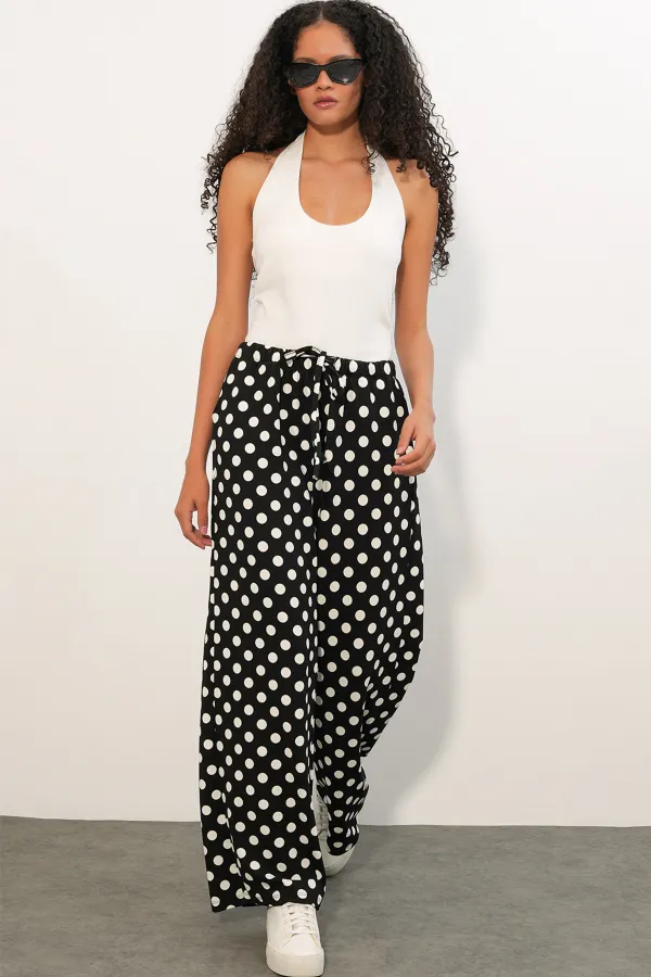 Women's Wide Leg Polka Dot Trousers 30116 - Black