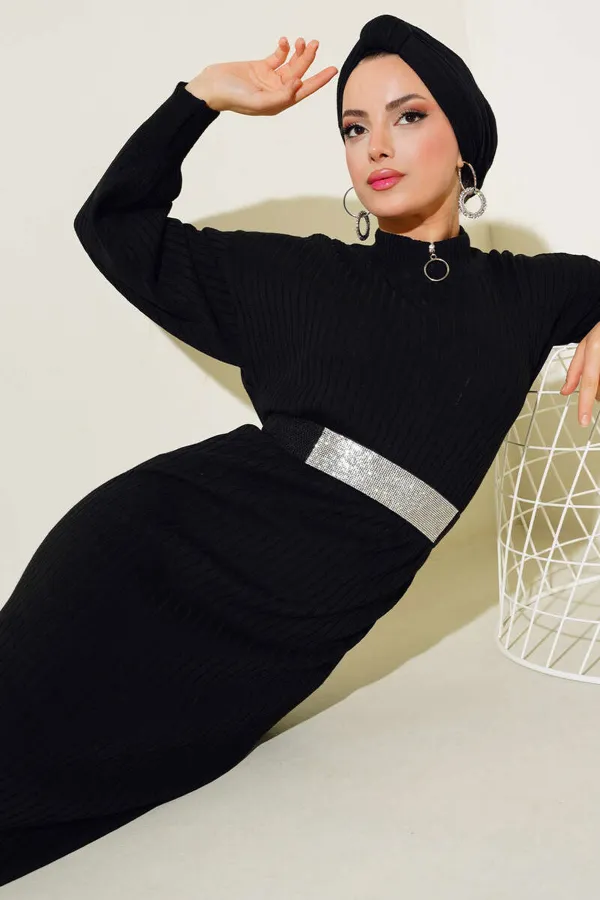 15900 Full Length Hijab Knit Dress - Black