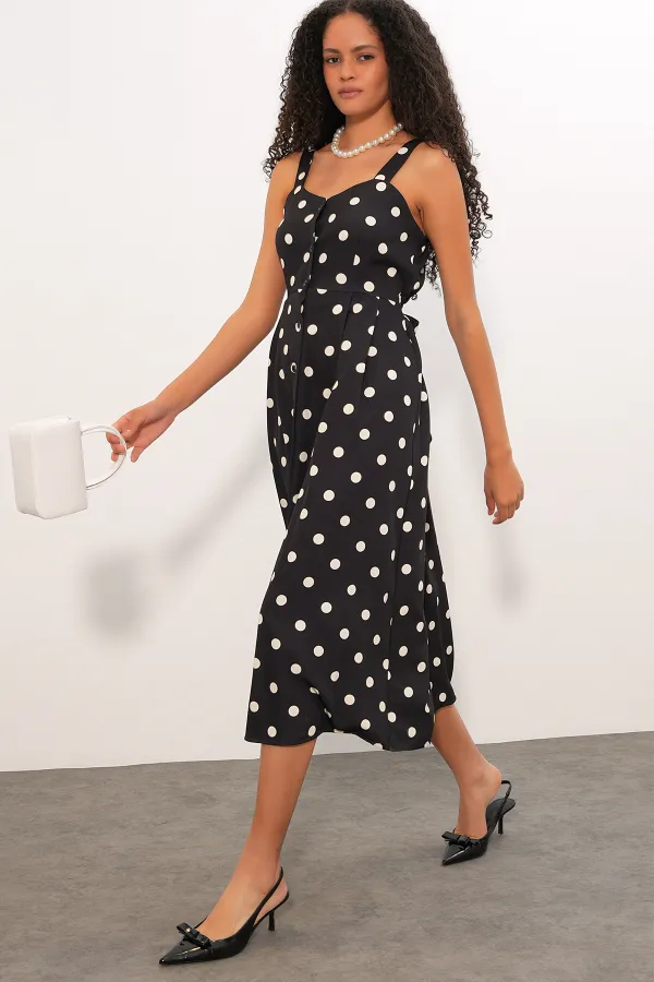 Women's Polka Dot Button-Front Strappy Midi Dress 2603 - Black