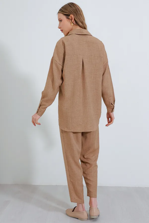 Kadın Camel Oversize Keten Alt Üst Takım 6622