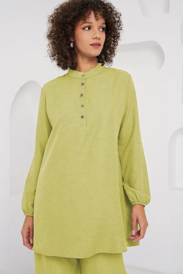 6678 Keten Tunik Pantolon İkili Takım - G.Yeşil