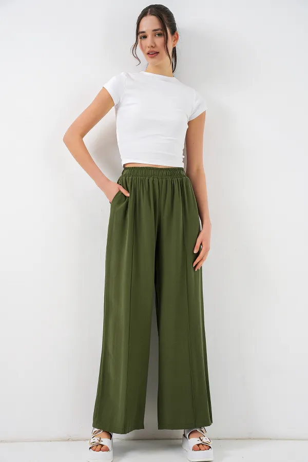 Kadın Beli Lastikli Bol Paça Pantolon 30087 - Haki
