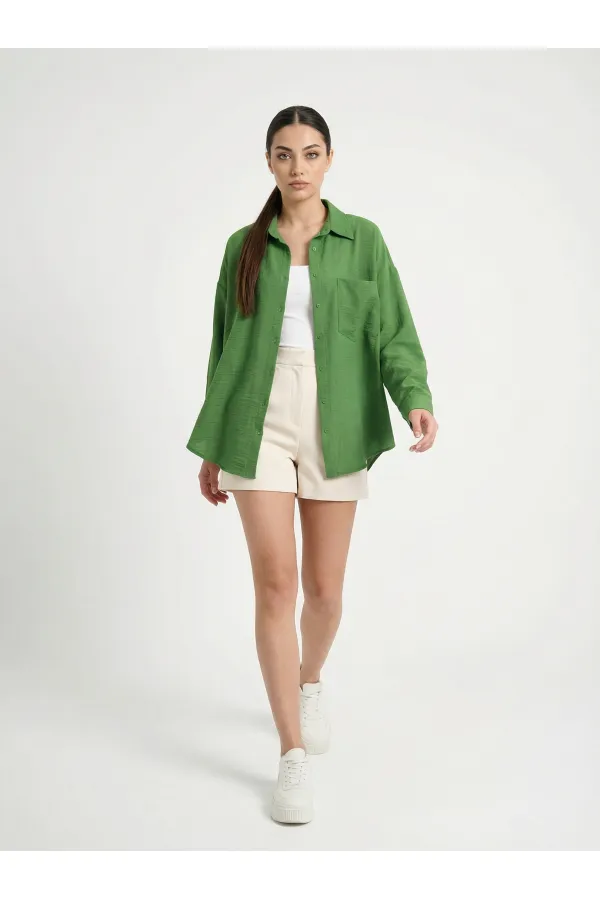 20153 Single Pocket Oversize Linen Shirt - Dark Green 20153 Single Pocket Oversize Linen Shirt - Dark Green