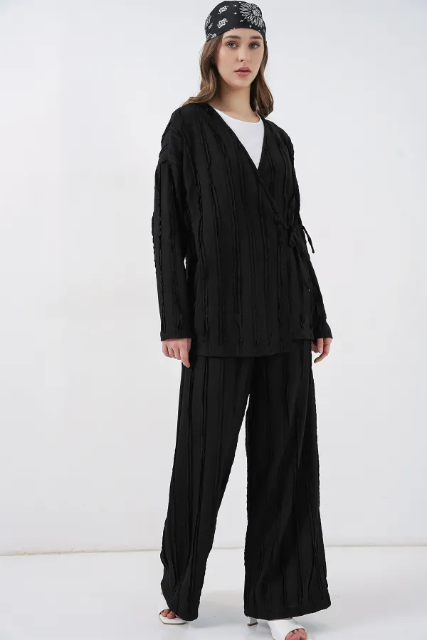 Kadın Örme Kimono Pantolon İkili Takım 30067 - Siyah