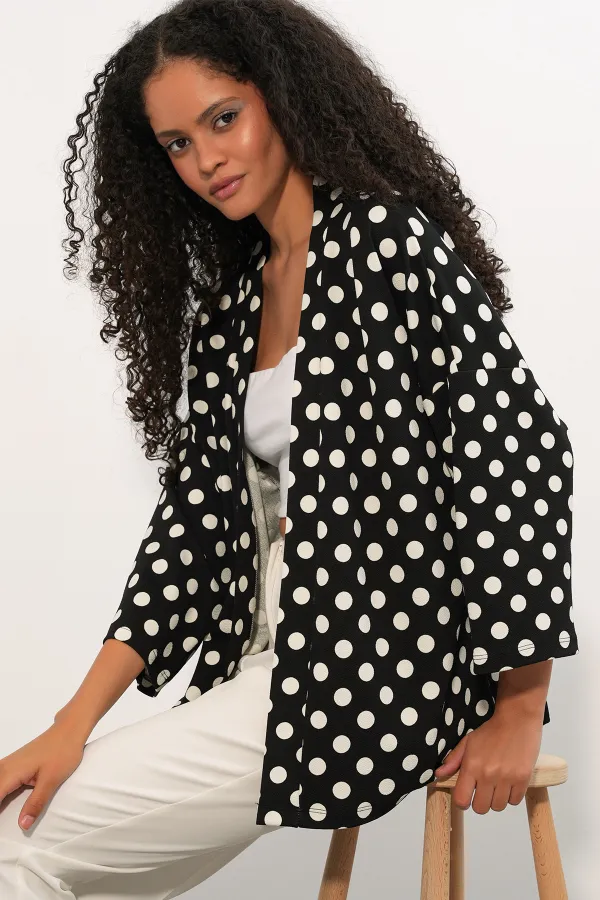 Women's Knitted Polka Dot Kimono 5996 - Black