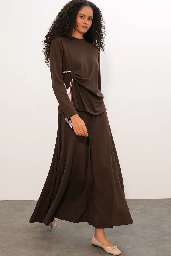 Women's Scarf Blouse and Skirt Two-Piece Set 8077 - Brown Women's Scarf Blouse and Skirt Two-Piece Set 8077 - Brown
