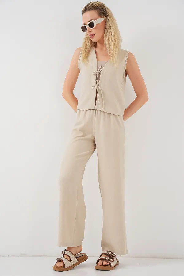 Kadın Keten Görünümlü Sıfır Kol İkili Takım 6746 - Bej