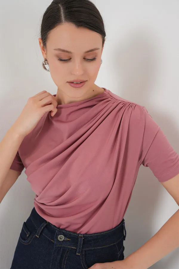 Chemisier Sandy à manches courtes et détails froncés 945 - Rose poudré